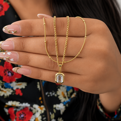 18K Gold Plated Layered Chain With Green Gemstone Emerald Pendant For Girls & Women
