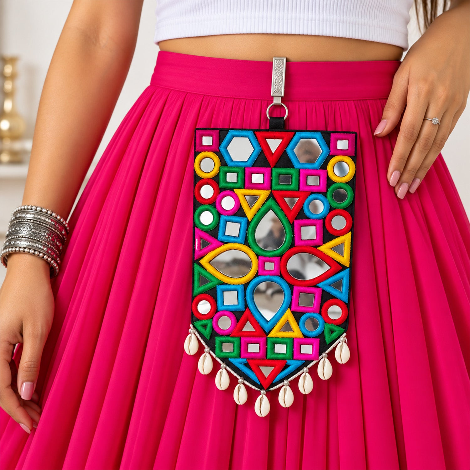 Vibrant Gamthi Mirror Work Embroidery Bag Pouch