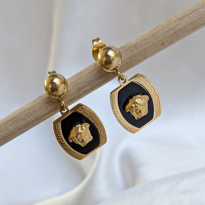 Gold-Tone Black Enamel Lion Head Statement Drop Earrings for Girls & Women