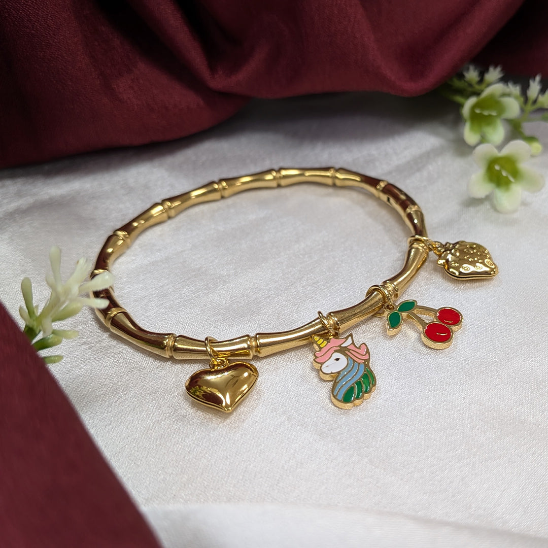 Gold Finish Unicorn & Fruit Charm Bracelet For Girls & Women