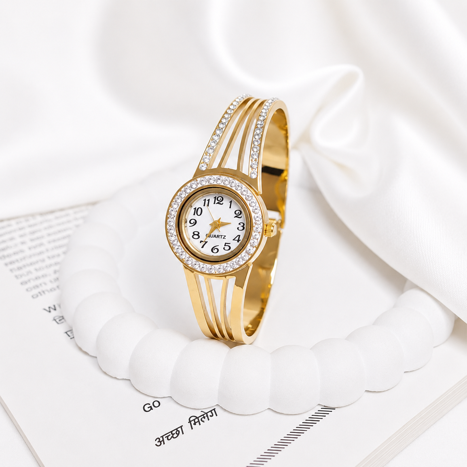 Traditional Dual Line Design AD Studded Band Bracelet Watch For Girls & Women
