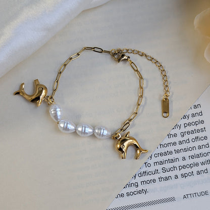 Gold Plated Dolphin & Freshwater Pearl Charm Bracelet for Girls & Women