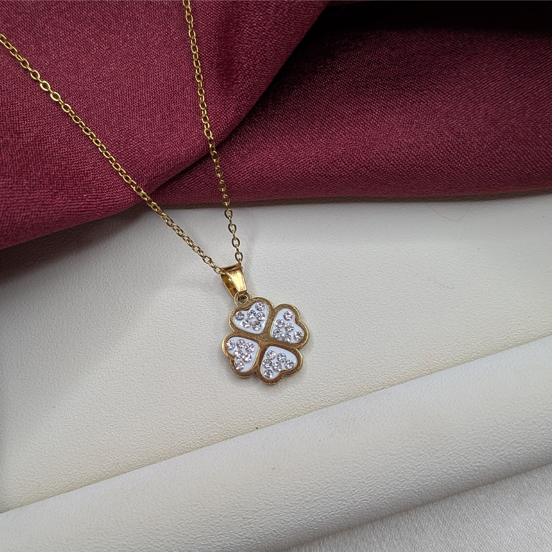 18k Gold Finish Clover Pendant With Crystal Hearts For Girls & Women