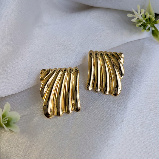 Gold Finish Ripple Fan Textured Stud Earrings For Girls & Women (Anti Tarnish)