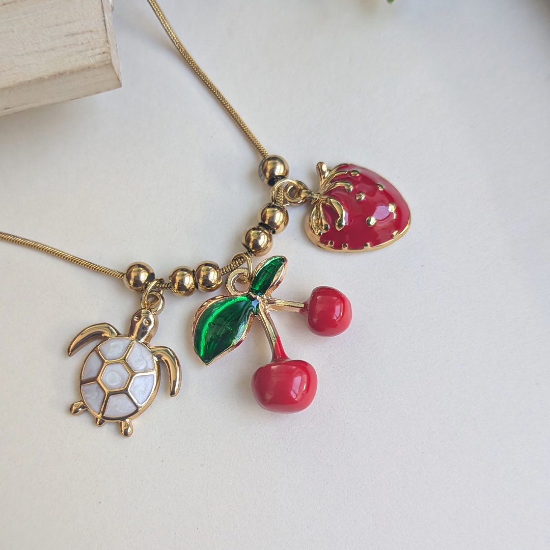 Gold Plated Cute Turtle, Cherry & Strawberry Charm Pendant For Girls & Women