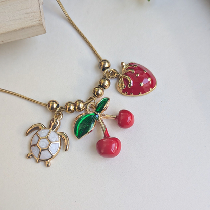 Gold Plated Cute Turtle, Cherry & Strawberry Charm Pendant For Girls & Women