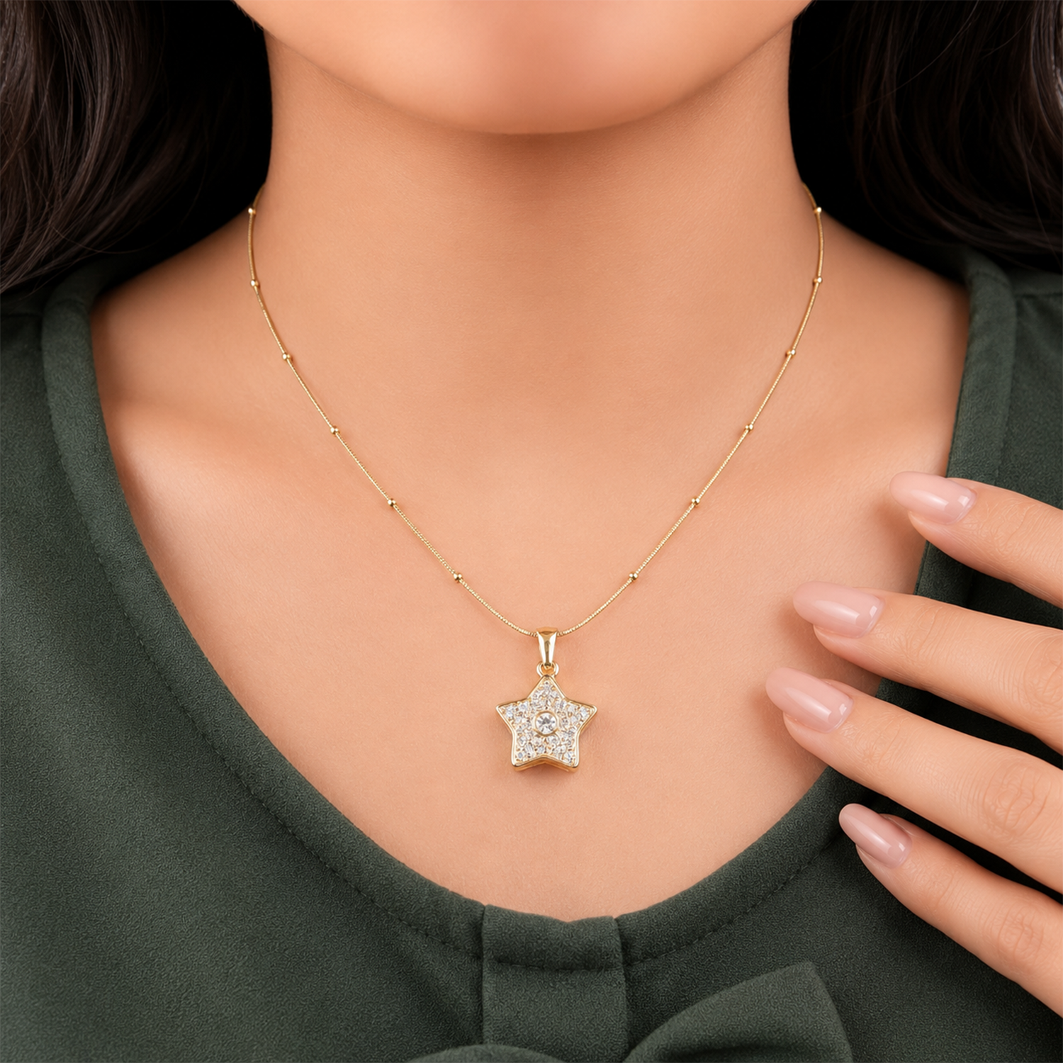 Star Central Stone Accented Beaded Chain Pendant for Girls & Women's