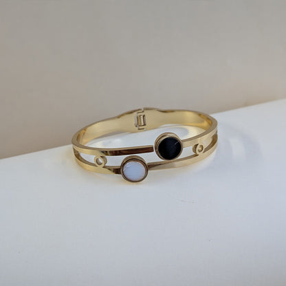 Gold Plated Dual White & Black Enamel Round Stone Bracelet For Girls & Women