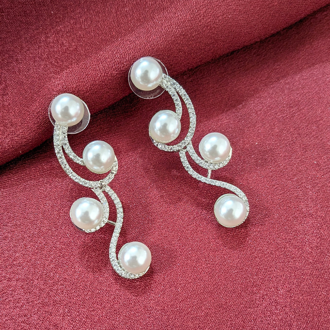 Silver Finish Classic Pearl AD Stone Jewellery Set with Earrings, Bracelet & Ring for Girls & Women