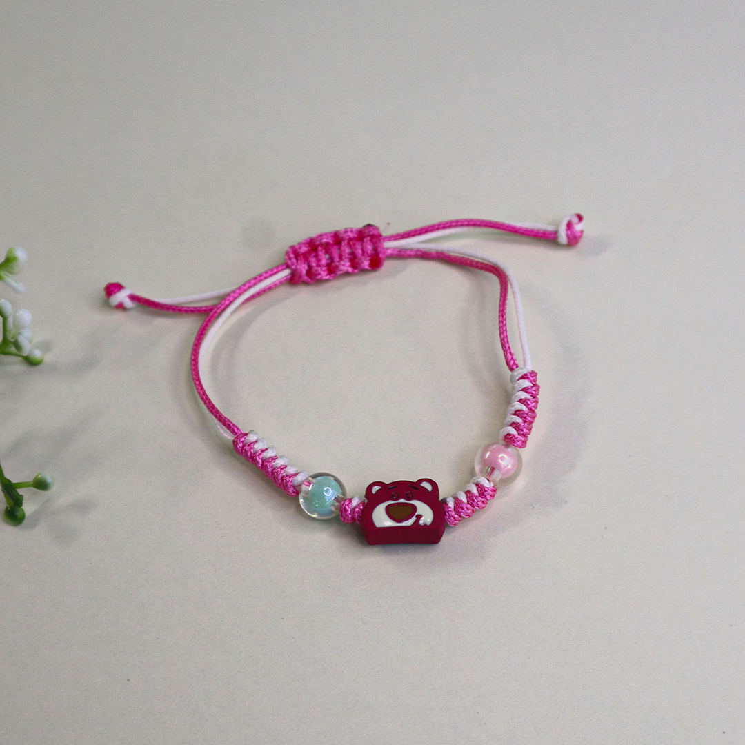 Pink Bear Kids Beaded Bracelet with Adjustable Strap