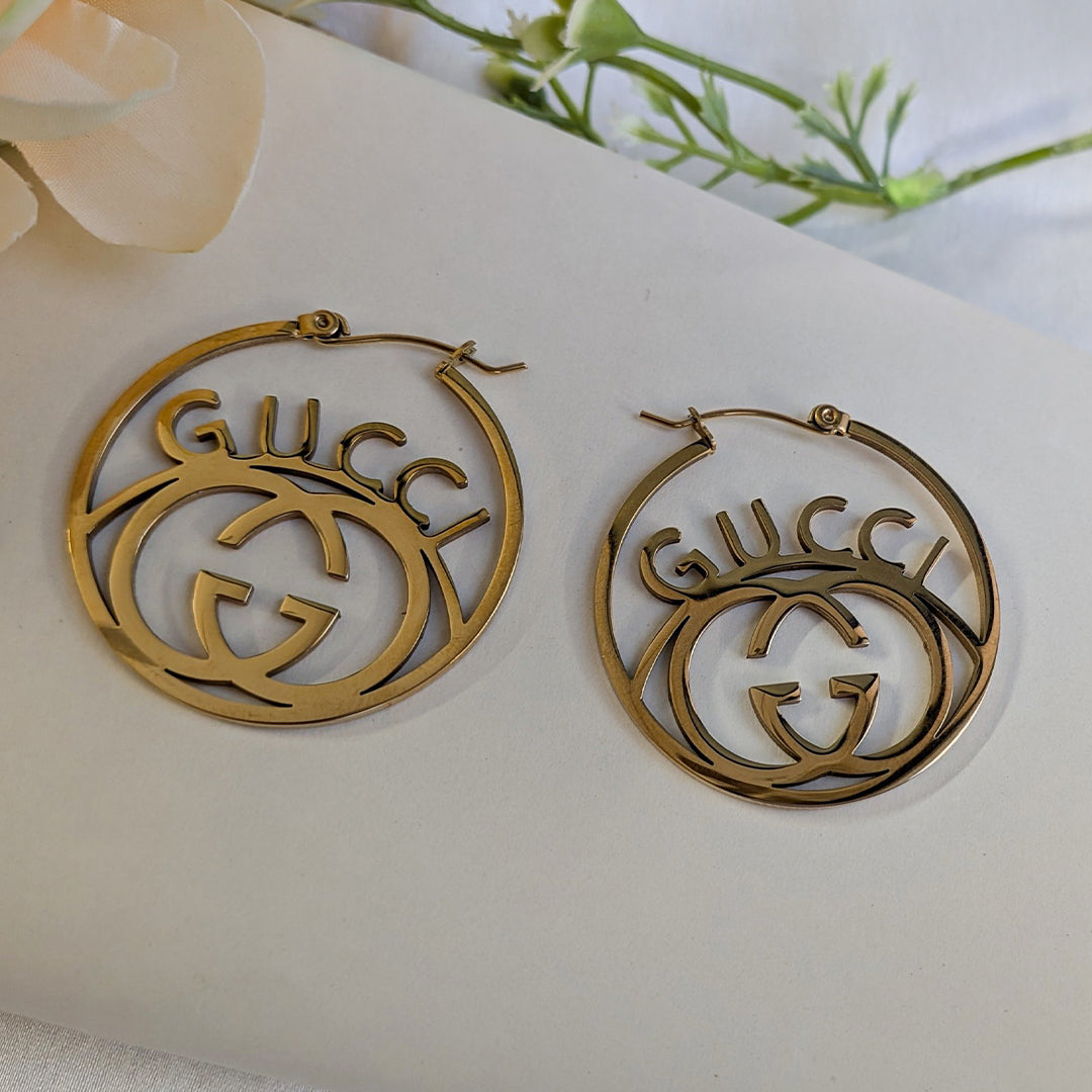 Gold Tone Brand Inspired Statement Hoop Earrings for Girls & Women
