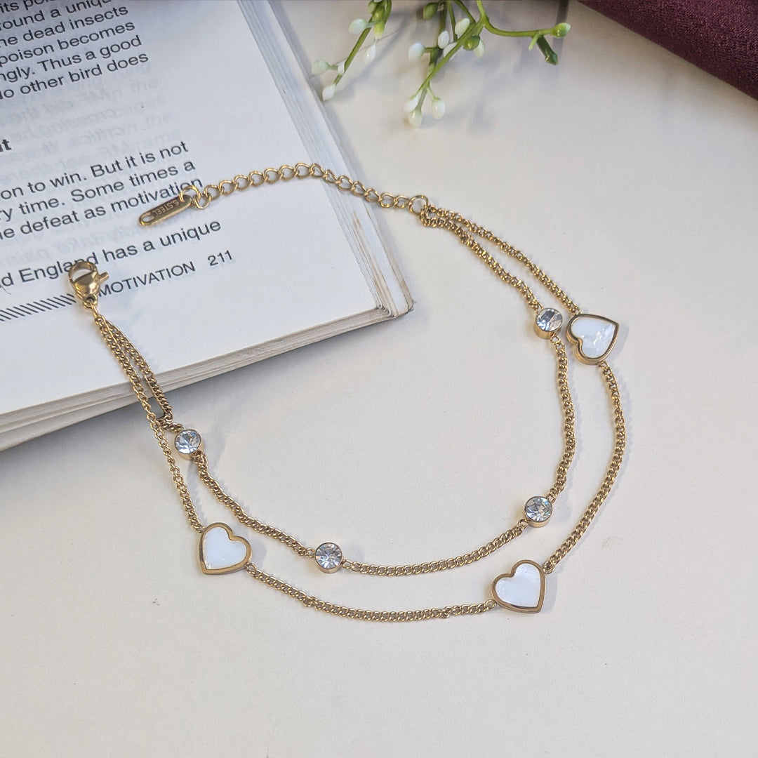 Gold Finish White Enamel Heart Anklet With Stone Accents For Girls & Women