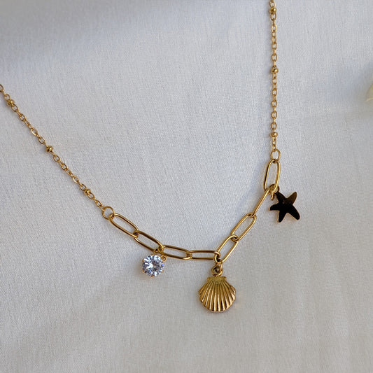 Gold Plated Layered Seashell & Starfish Charm Pendant For Girls & Women