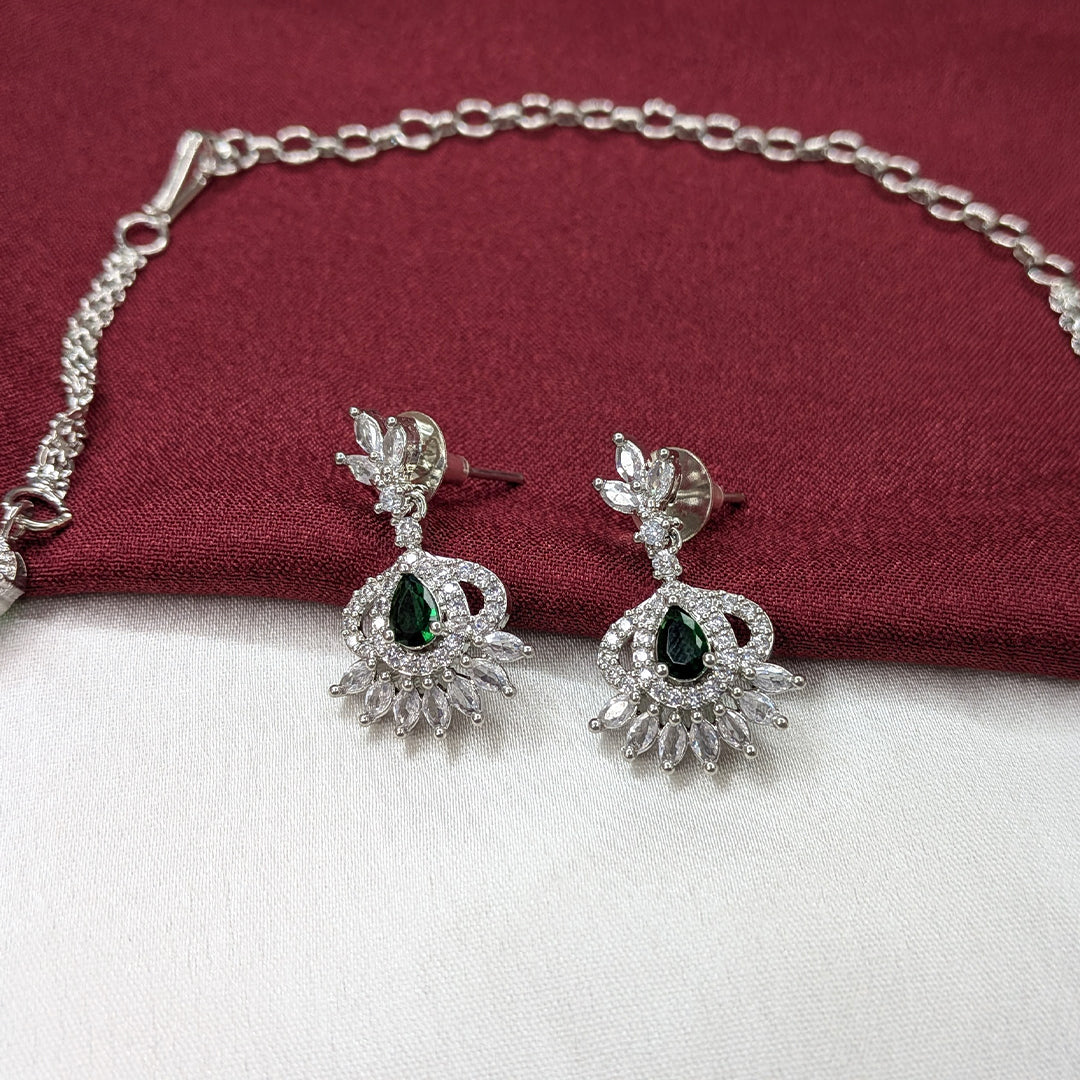 American Diamond Leaf & Teardrop Pattern Necklace Set with Earrings