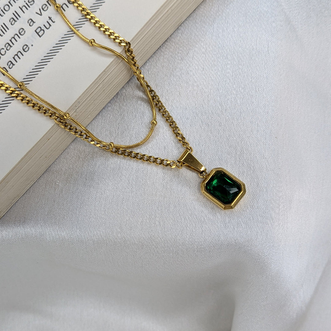 18K Gold Plated Layered Chain With Green Gemstone Emerald Pendant For Girls & Women
