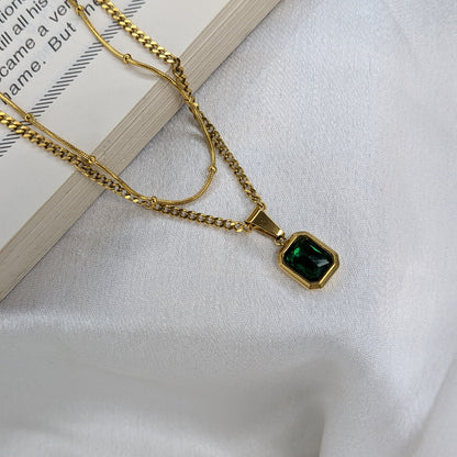 18K Gold Plated Layered Chain With Green Gemstone Emerald Pendant For Girls & Women