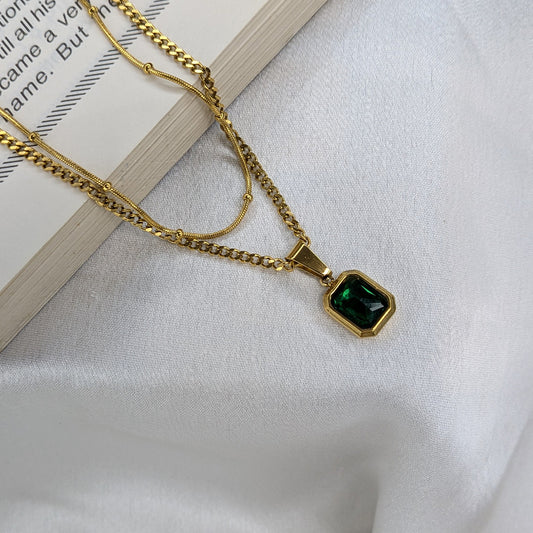 18K Gold Plated Layered Chain With Green Gemstone Emerald Pendant For Girls & Women