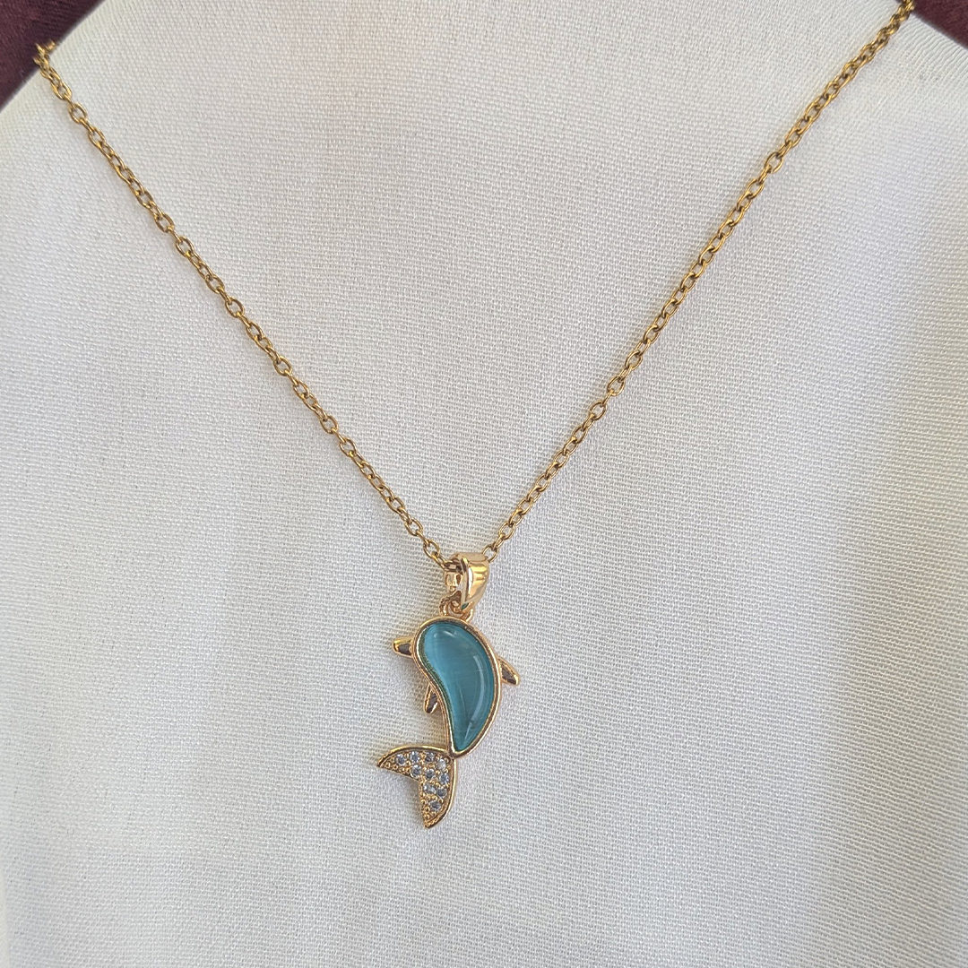 Gold Plated Blue Enamel Dolphin Pendant For Girls & Women