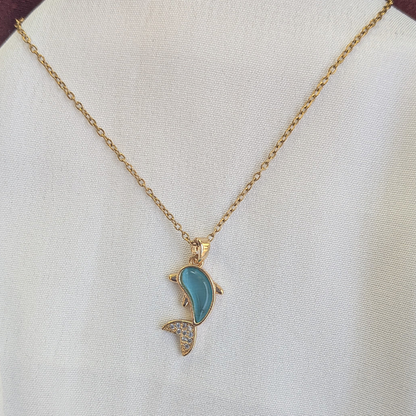Gold Plated Blue Enamel Dolphin Pendant For Girls & Women