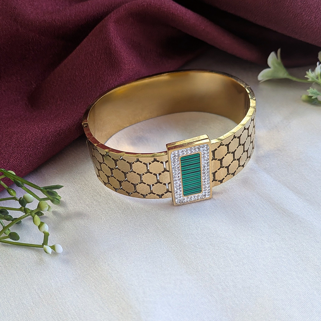 18K Gold Plated Hexa-Cut Cuff Bracelet with Green Enamel Centerpiece (Anti Tarnish)