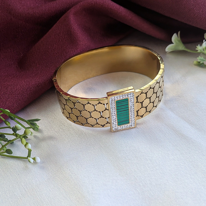 18K Gold Plated Hexa-Cut Cuff Bracelet with Green Enamel Centerpiece (Anti Tarnish)