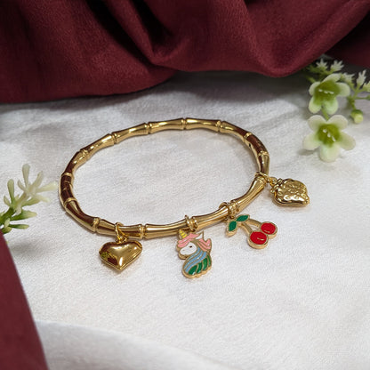 Gold Finish Unicorn & Fruit Charm Bracelet For Girls & Women
