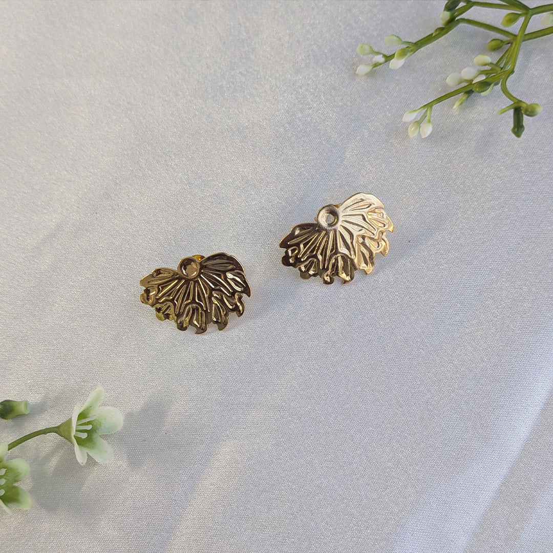 Embossed Leaf Gold Tone Stud Earrings For Girls & Women (Anti Tarnish)