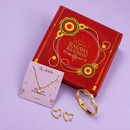 Gold Finish Heart Necklace, Heart Design Bracelet & Hoop Earrings Jewellery Gift Box