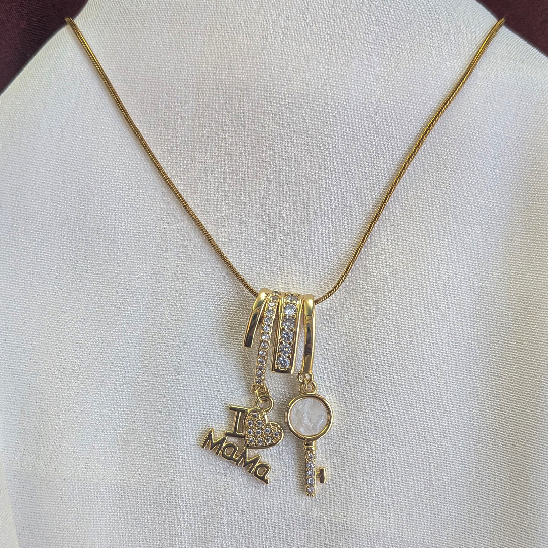 Gold Plated “I Love Mama” & Key Charm Crystal Pendant For Girls & Women