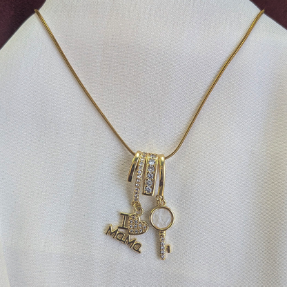 Gold Plated “I Love Mama” & Key Charm Crystal Pendant For Girls & Women
