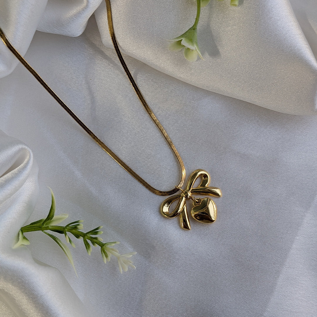 Elegant Ribbon Bow Pendant Necklace with Heart Drop For Girls & Women