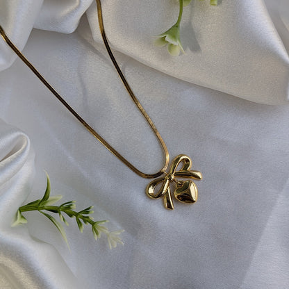 Elegant Ribbon Bow Pendant Necklace with Heart Drop For Girls & Women