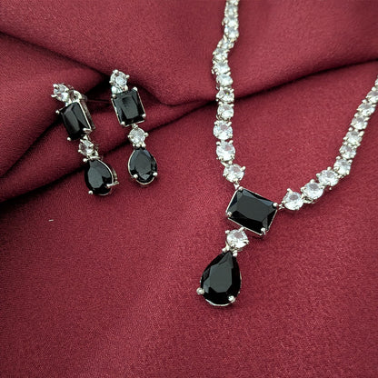 Silver Finish Classic Rectangular & Teardrop Stone Jewellery Set For Women