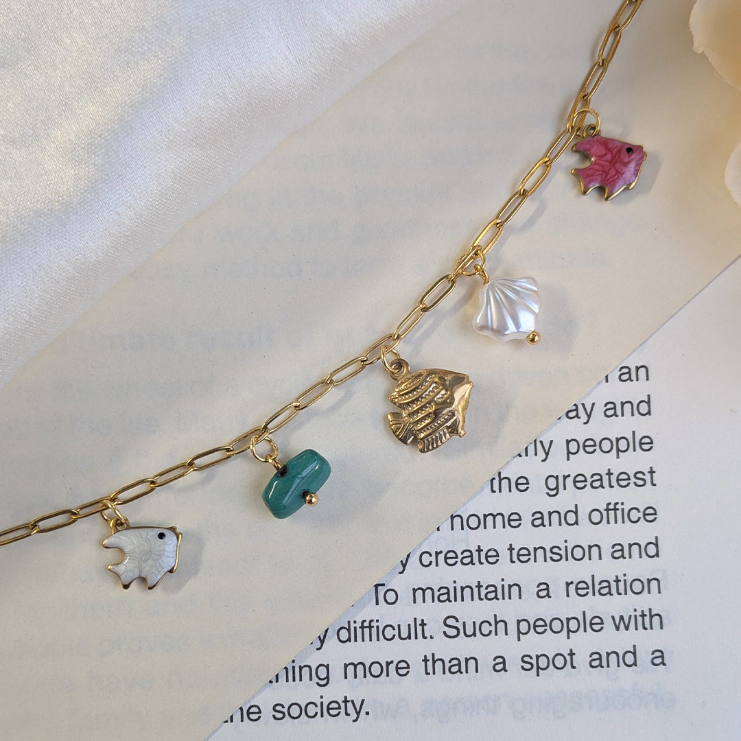 Gold Plated Ocean Charm Bracelet with Fish, Shell & Bead Charms for Girls & Women