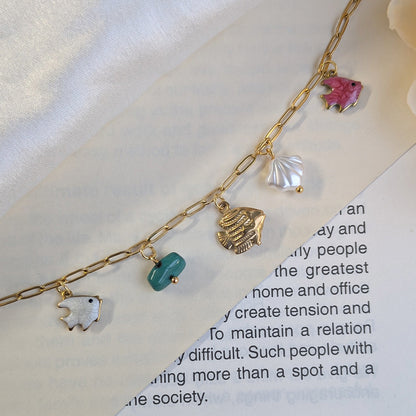 Gold Plated Ocean Charm Bracelet with Fish, Shell & Bead Charms for Girls & Women
