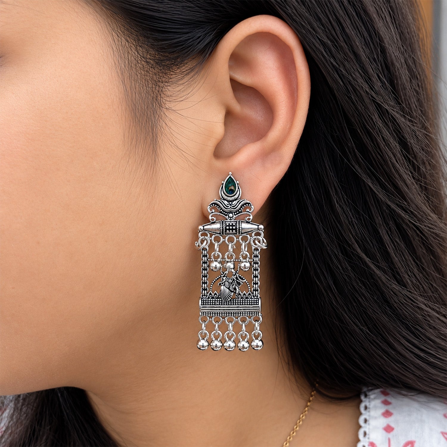 Dancing Idol Design Peacock Feather Oxidized Earrings