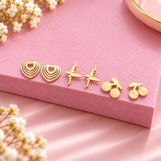 Stainless Steel Heart Beat Stud Earrings Set for Girls & Women