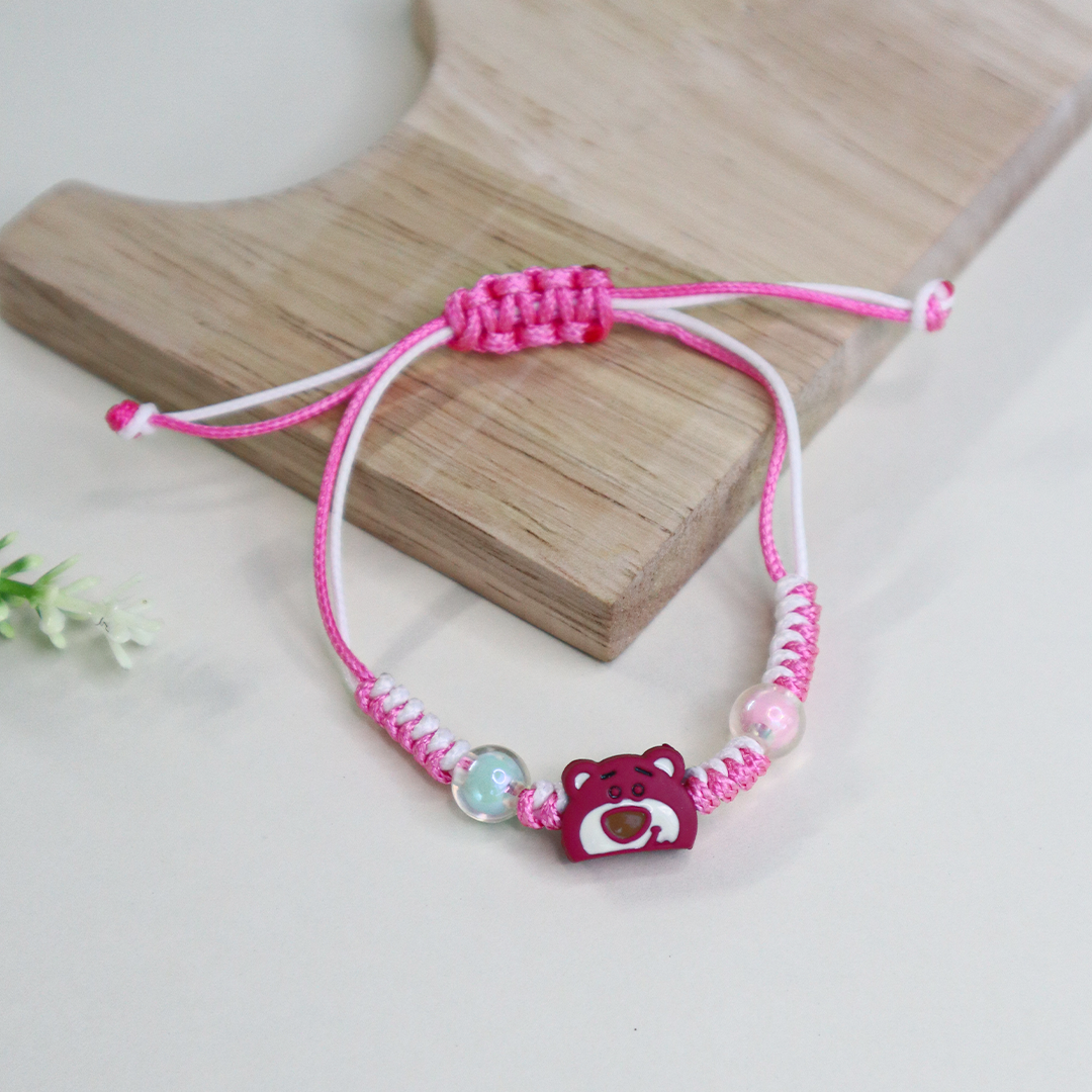 Pink Bear Kids Beaded Bracelet with Adjustable Strap
