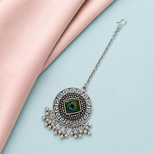 Oxidized Silver Round Medallion Maang Tikka for Girls & Women