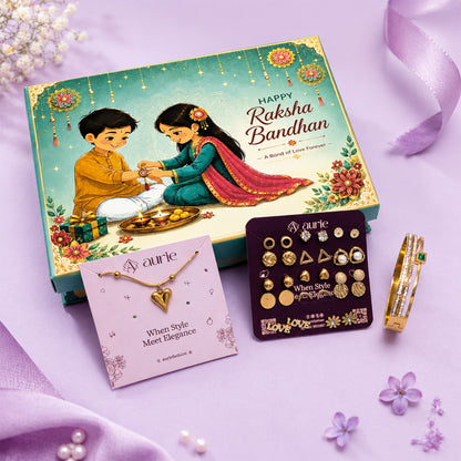 Heart Pendant Necklace, Earrings Set & Stylish Gold Finish Bangle Gift Box