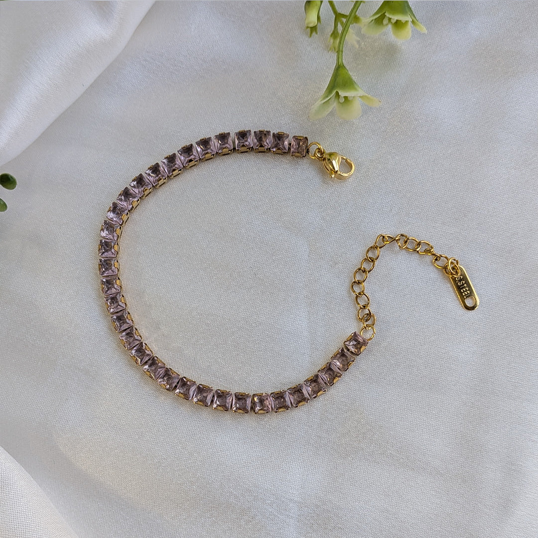 Gold Finish Light Pink Stone Tennis Bracelet For Girls & Women