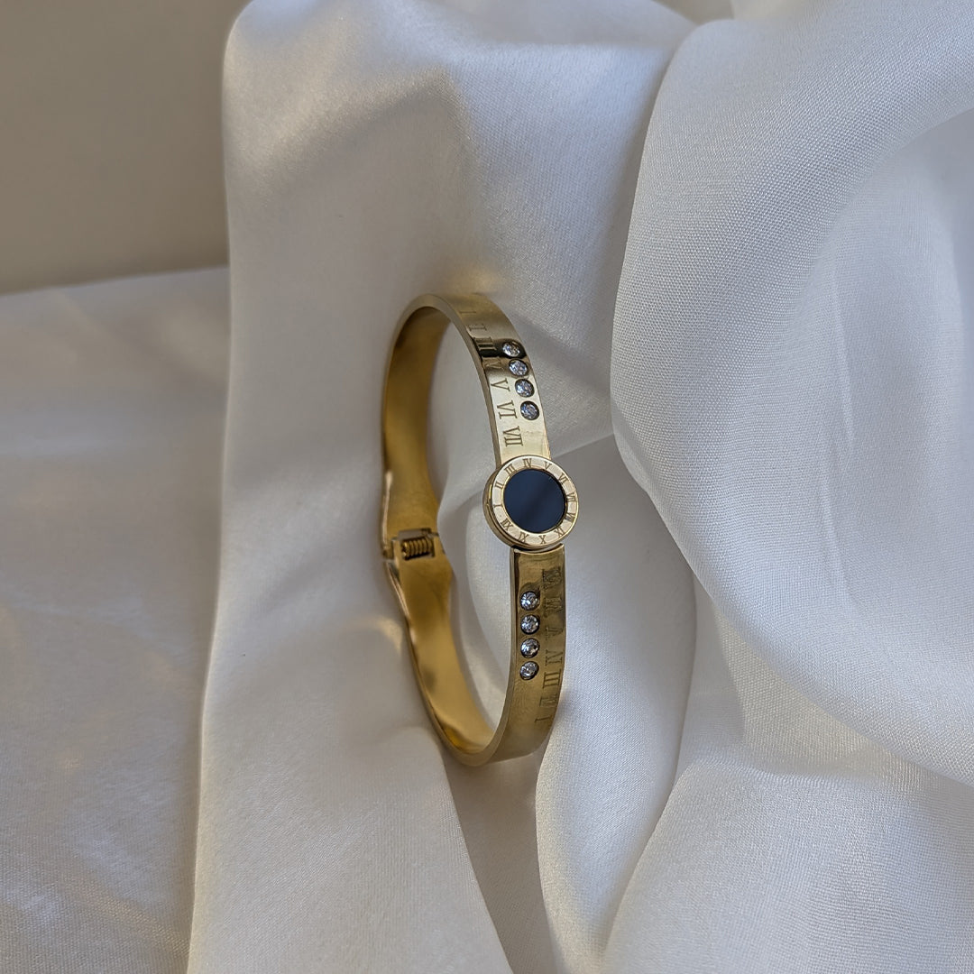 Gold Finish Roman Numeral Bracelet With Black Enamel Center and AD Stone Accents For Girls & Women