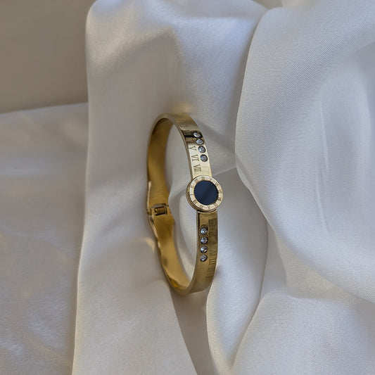 Gold Finish Roman Numeral Bracelet With Black Enamel Center and AD Stone Accents For Girls & Women