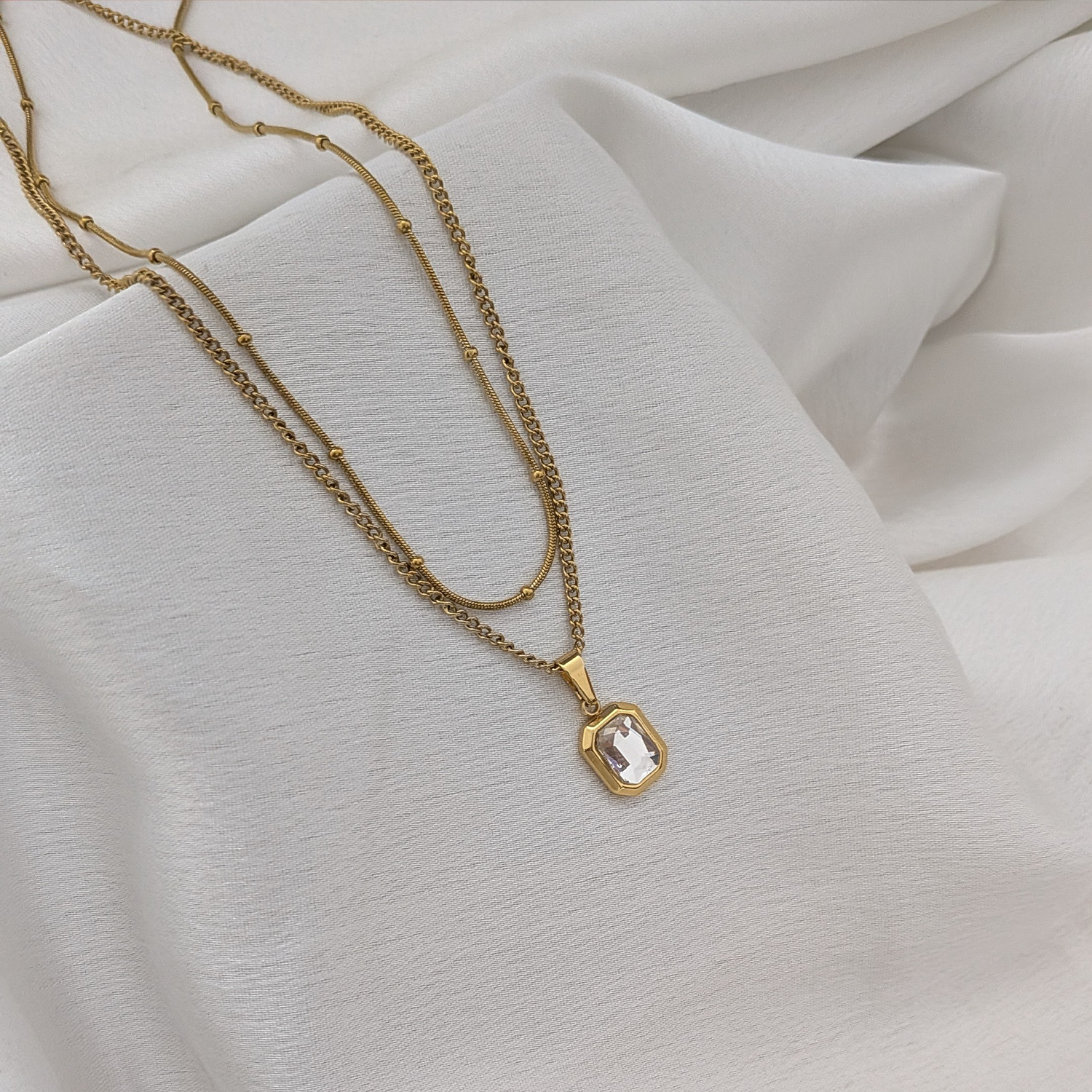 18K Gold Plated Layered Chain With Green Gemstone Emerald Pendant For Girls & Women
