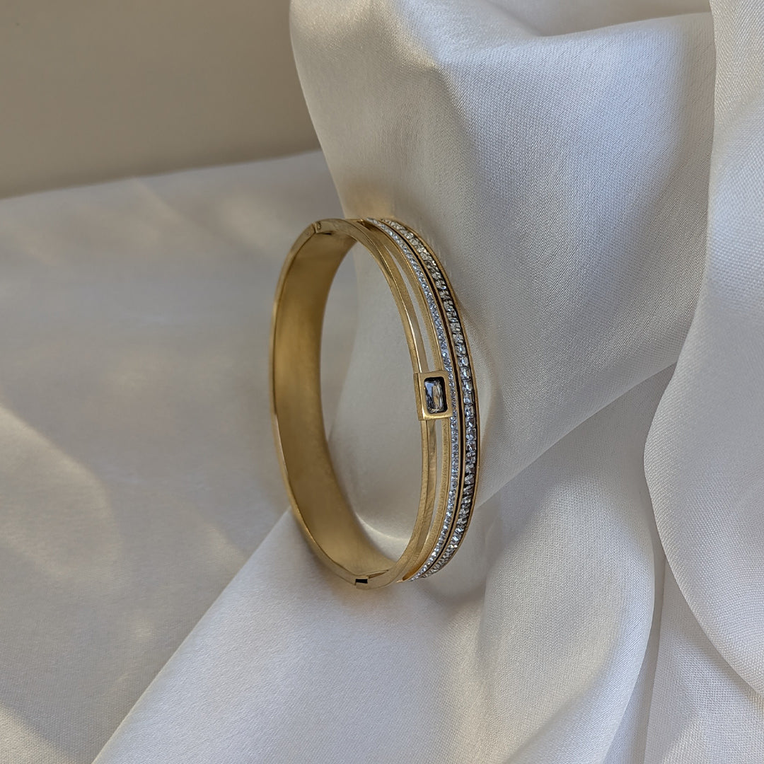 Gold Plated Triple Layer Bracelet with Twin AD Lines & Emerald Centre Stone for Girls & Women