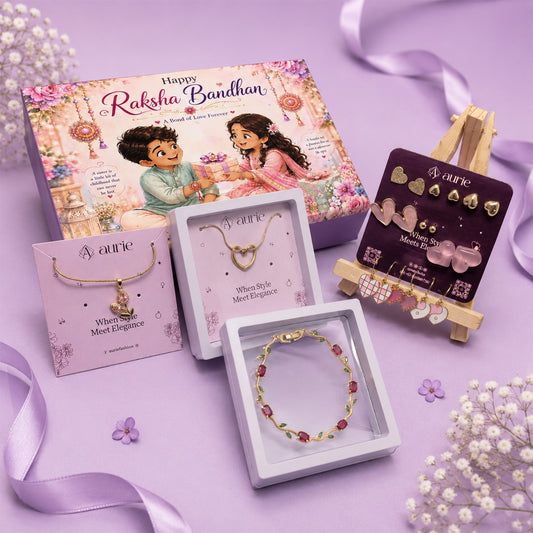 Gold Finish Necklace, Bracelet & Stylish Earrings Set, Heart & Floral Design Jewellery Gift Box