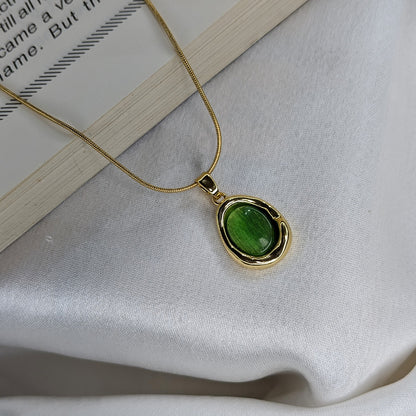 Gold Finish Green Oval Center Crystal Pendant For Girls & Women