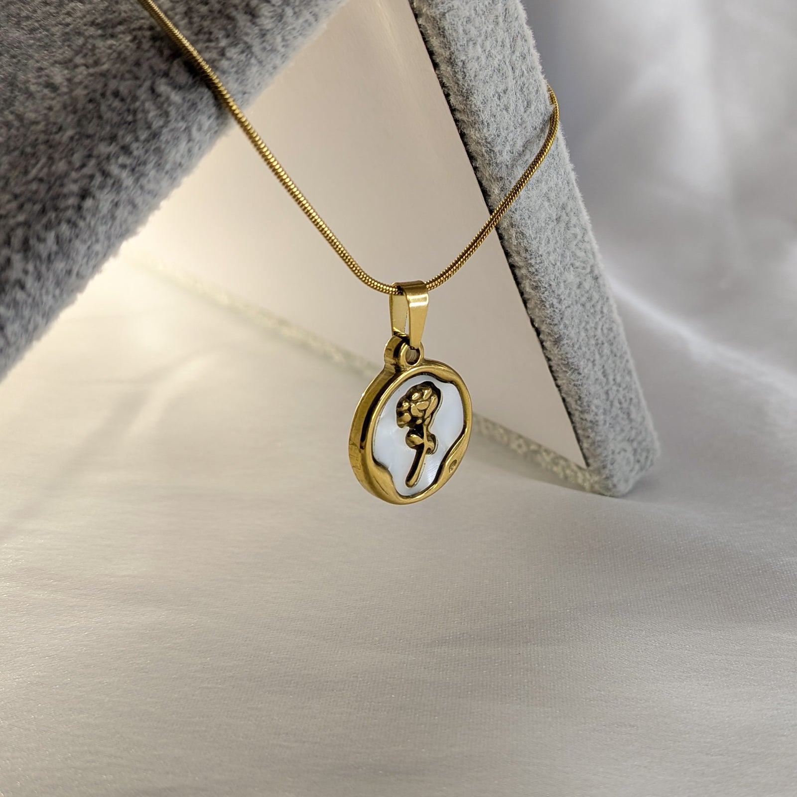 18k Gold Plated Rose Pendant Necklace with White Enamel Charm for Women & Girls