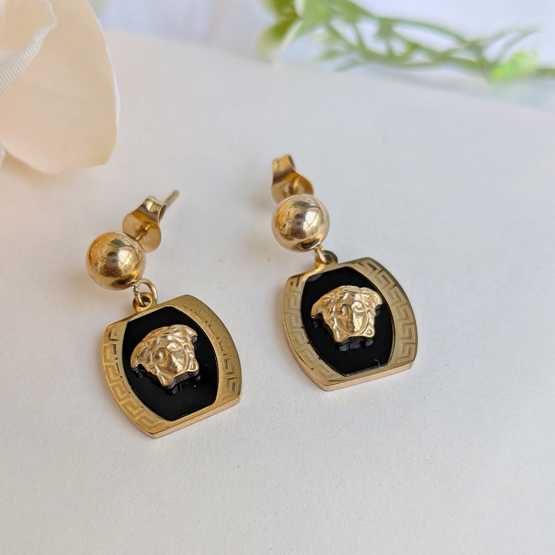 Gold-Tone Black Enamel Lion Head Statement Drop Earrings for Girls & Women