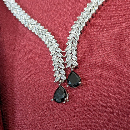 Silver Finish Leaf Design AD Teardrop Stones Necklace Set for Girls & Women